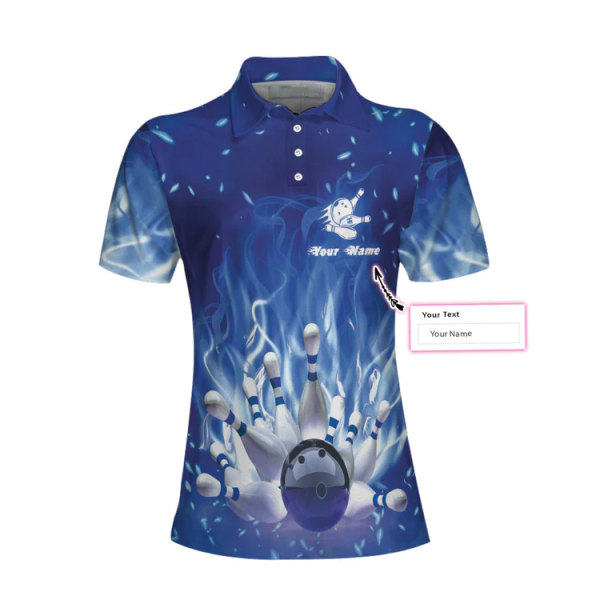 Bowling On Blue Fire Custom Short Sleeve Women Polo Shirt, Personalized Blue Flame Polo Shirt For Female Bowlers Coolspod