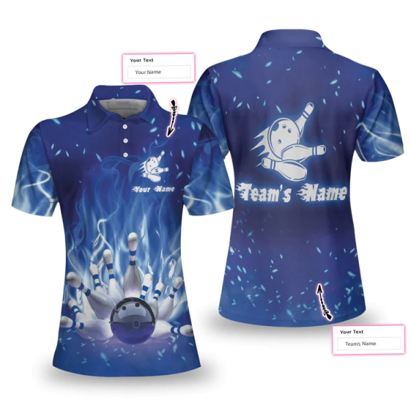 Bowling On Blue Fire Custom Short Sleeve Women Polo Shirt, Personalized Blue Flame Polo Shirt For Female Bowlers Coolspod