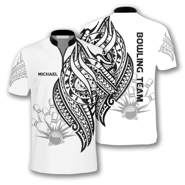 White Tribal Custom Bowling Jerseys for Men, Custom Name Team Bowling Shirt