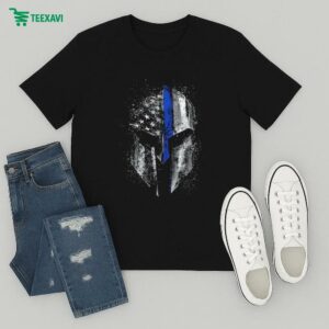 Blue Line Spartan American Flag Skull Head Helmet T-Shirt