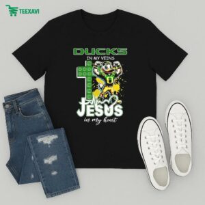 Official Oregon Ducks In My Veins Jesus In My Heart Mascot Cross T-Shirt