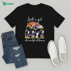 Official Snoopy The Peanuts Just A Girl Who Loves Fall And Baltimore Ravens T-Shirt