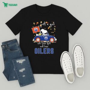 Snoopy And Woodstock Driving Car The Peanuts Just A Girl Who Lover Fall And Love Edmonton Oilers T-Shirt
